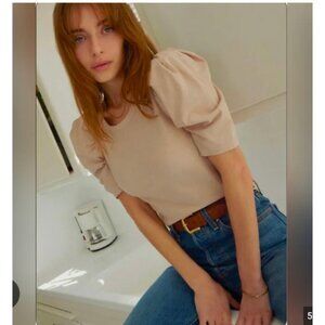 Nation LTD Caitlin Shirt Womens Small Beige Puff Sleeve Pima Cotton Linen Peru